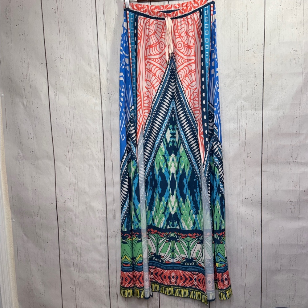 Jealous Tomato Blue Boho Maxi Skirt Front Slit Tribal S Resortwear Festival Chic